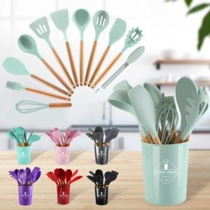 12 Pcs Silicone Kitchen Utensils Set - Heat Resistant & Non-Stick Cooking Utensils with Wooden Handles