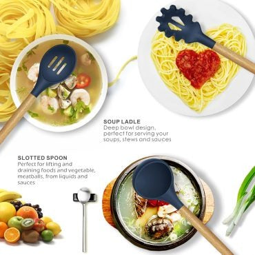 12 Pcs Silicone Kitchen Utensils Set - Heat Resistant & Non-Stick Cooking Utensils with Wooden Handles