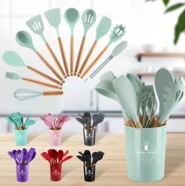 12 Pcs Silicone Kitchen Utensils Set - Heat Resistant & Non-Stick Cooking Utensils with Wooden Handles