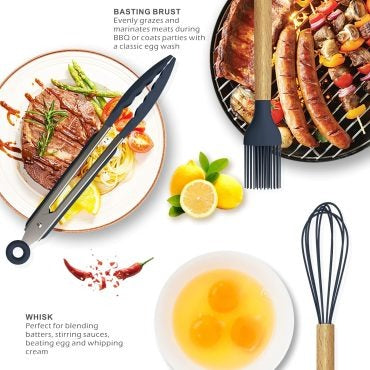 12 Pcs Silicone Kitchen Utensils Set - Heat Resistant & Non-Stick Cooking Utensils with Wooden Handles