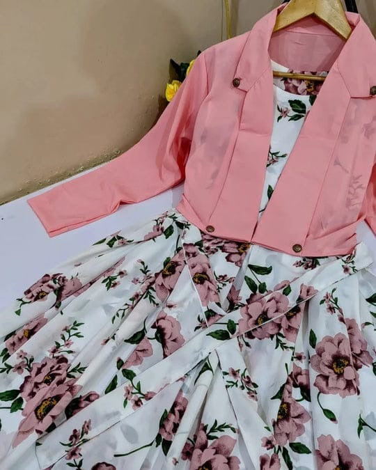2 Pcs Stylish Floral Print Maxi Dress With Pink Jacket – Women’s Western Wear – Floral Maxi