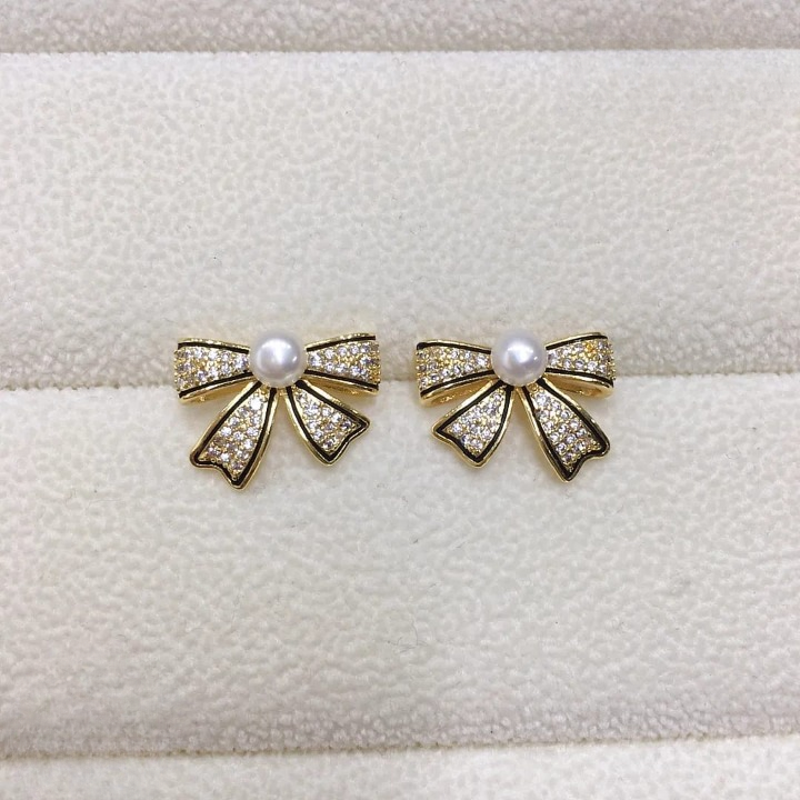 Pjt-995 Bow Shape Zircon Pearl Earrings For Women