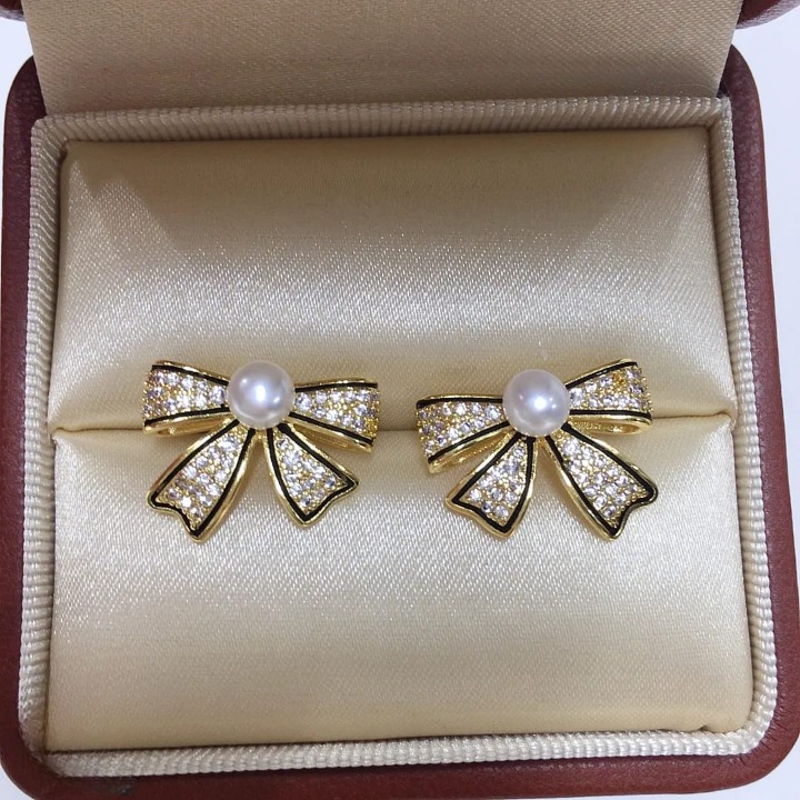 Pjt-995 Bow Shape Zircon Pearl Earrings For Women
