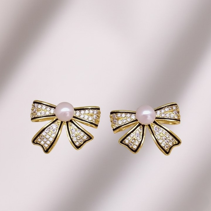 Pjt-995 Bow Shape Zircon Pearl Earrings For Women