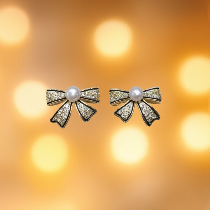 Pjt-995 Bow Shape Zircon Pearl Earrings For Women