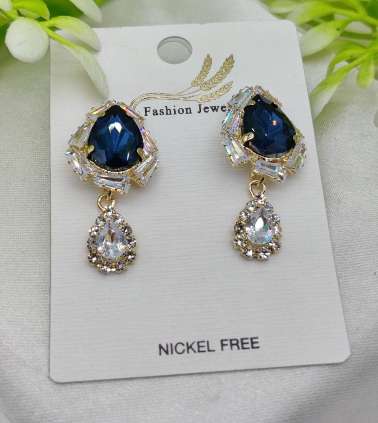 Royal Blue Drop Earrings With Crystal Accents