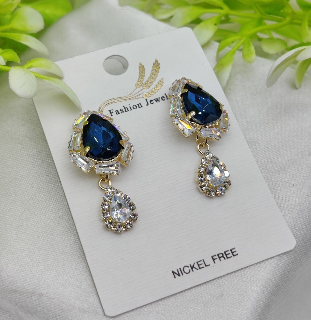 Royal Blue Drop Earrings With Crystal Accents