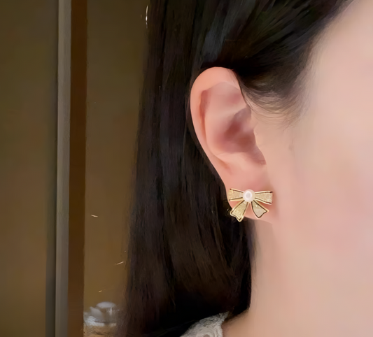 Pjt-995 Bow Shape Zircon Pearl Earrings For Women