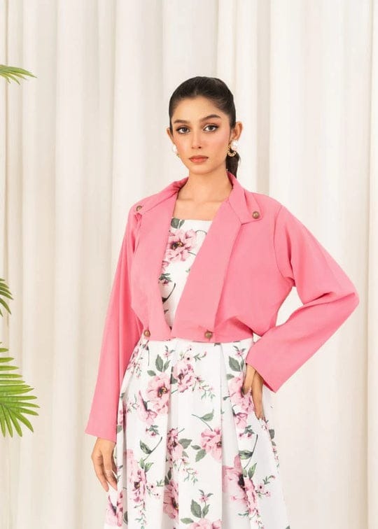 2 Pcs Stylish Floral Print Maxi Dress With Pink Jacket – Women’s Western Wear – Floral Maxi
