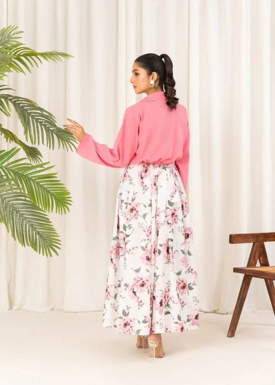 2 Pcs Stylish Floral Print Maxi Dress With Pink Jacket – Women’s Western Wear – Floral Maxi