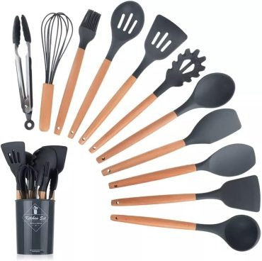 12 Pcs Silicone Kitchen Utensils Set - Heat Resistant & Non-Stick Cooking Utensils with Wooden Handles