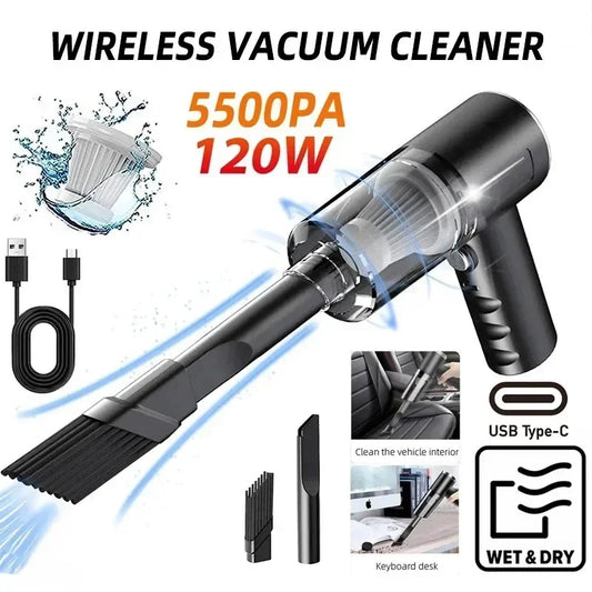 Black Portable Car Wireless Vacuum Cleaner 120W Powerful Handheld for Home & Auto.